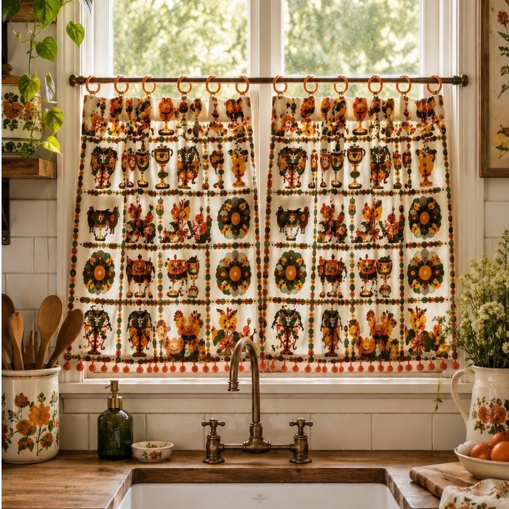 Vintage Handmade 70s Folk Art Cafe Curtains Pair Pom Pom Trim 25x22 Retro